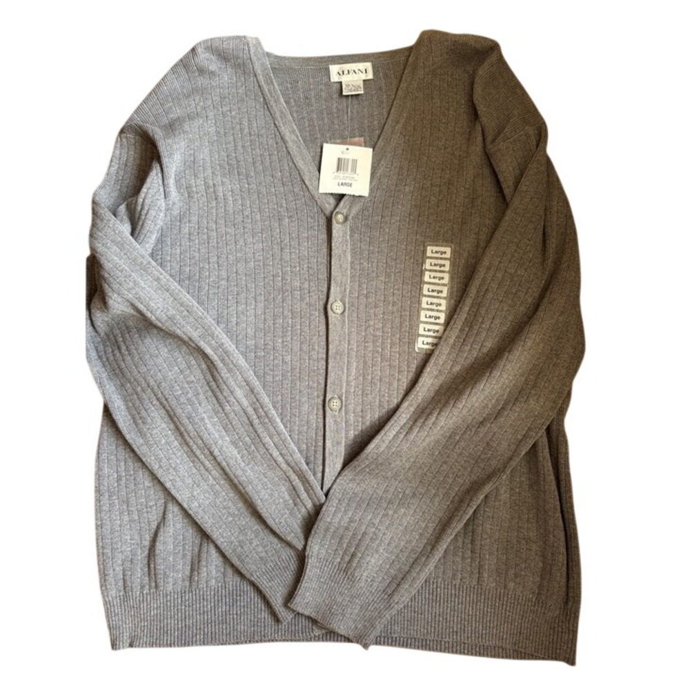 Alfani Gray Ribbed V-Neck Button Cardigan